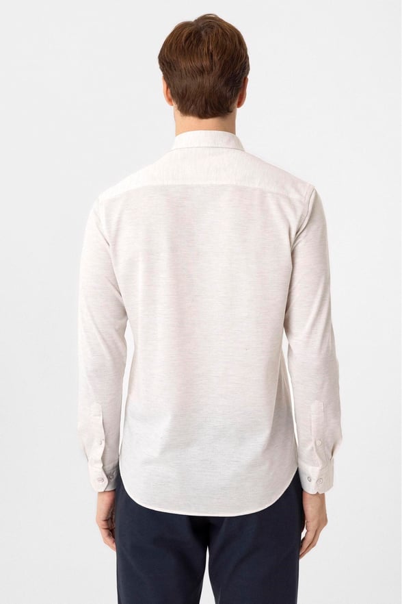 Ekru Slim Fit Armürlü Düğmeli Yaka Gömlek