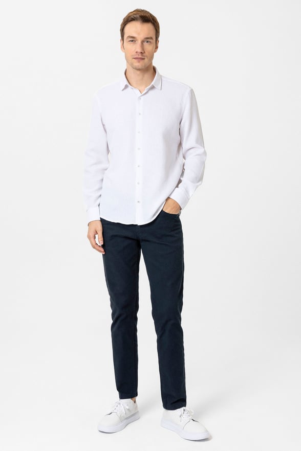 Ekru Slim Fit Desenli Klasik Yaka Gömlek