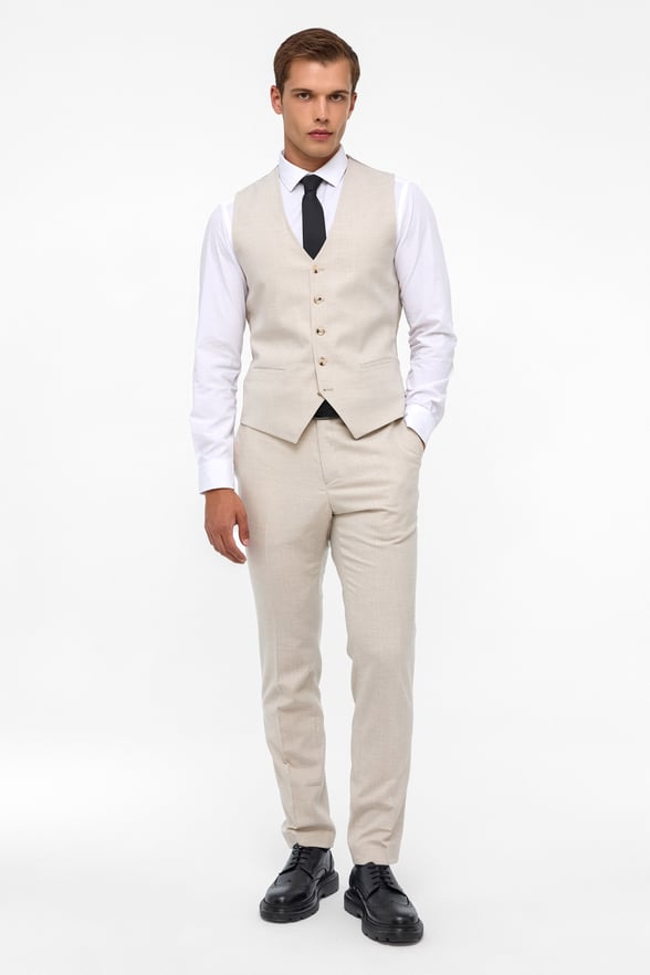 Ekru Slim Fit Desenli Mono Yaka 6 Drop Yelekli Klasik Takım Elbise
