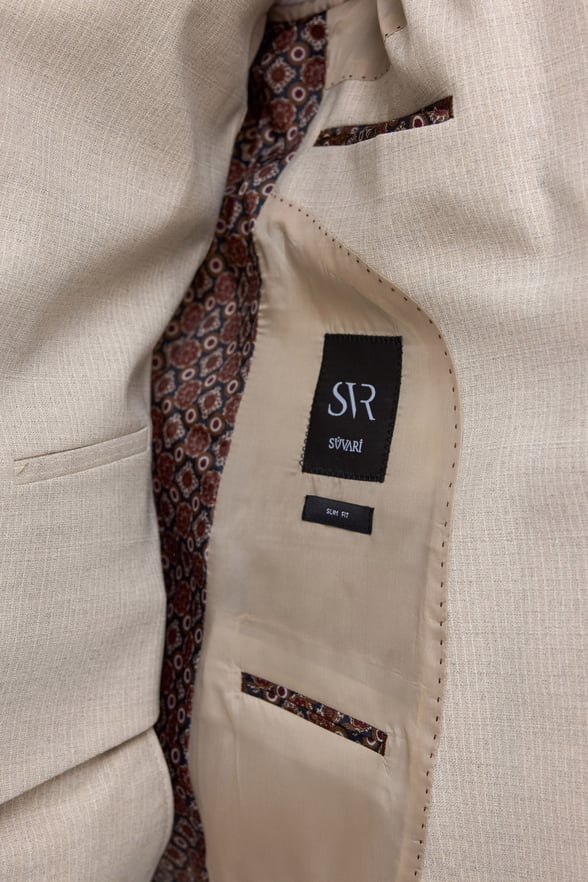 Ekru Slim Fit Desenli Mono Yaka 6 Drop Yelekli Klasik Takım Elbise