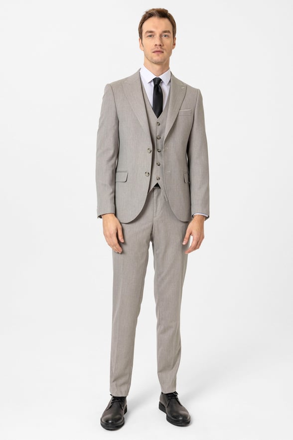 Ekru Slim Fit Desenli Sivri Yaka 6 Drop Yelekli Klasik Takım Elbise