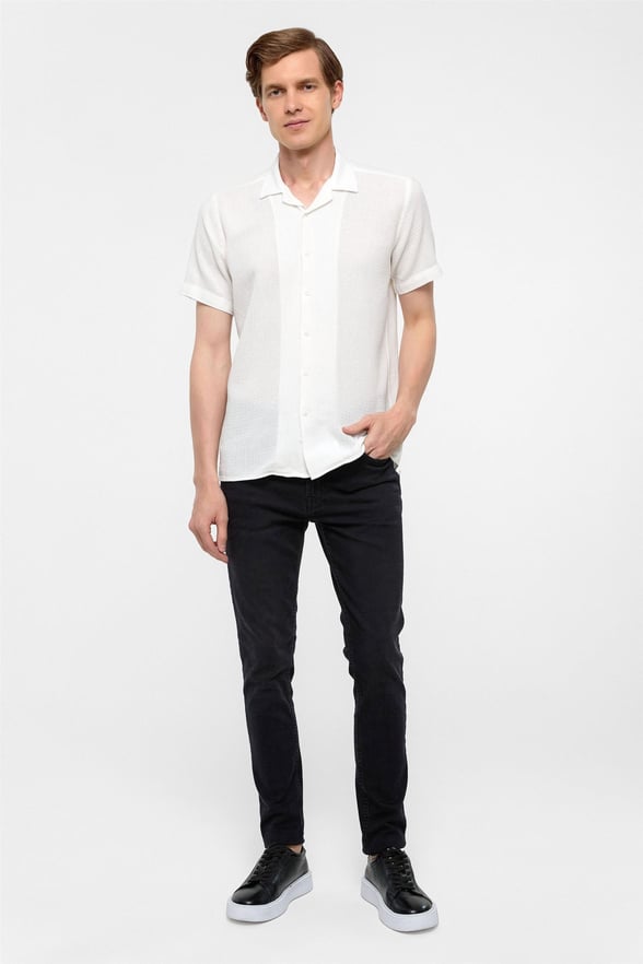 Ekru Slim Fit Düz Apaş Yaka Gömlek