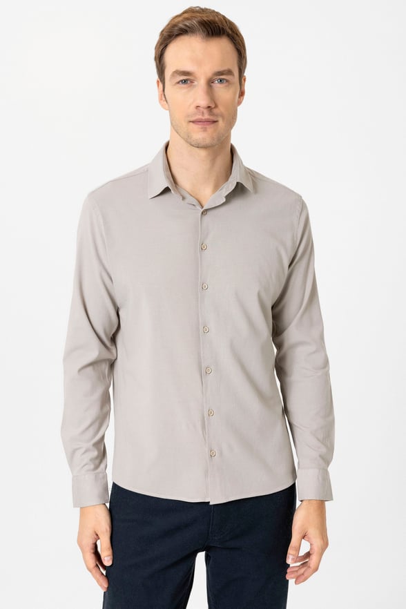 Ekru Slim Fit Düz Klasik Yaka Gömlek
