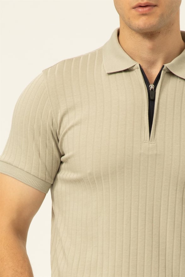 Ekru Slim Fitilli Polo Yaka  Tişört