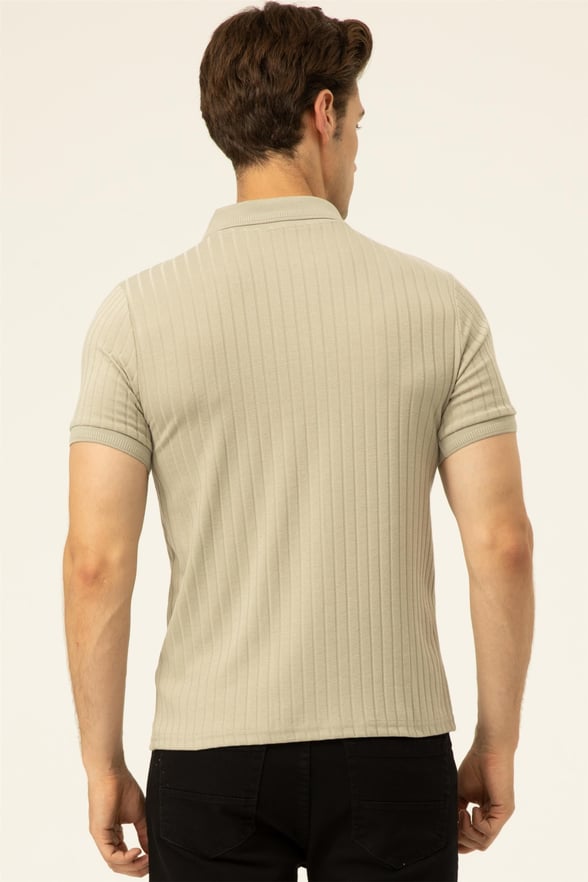 Ekru Slim Fitilli Polo Yaka  Tişört
