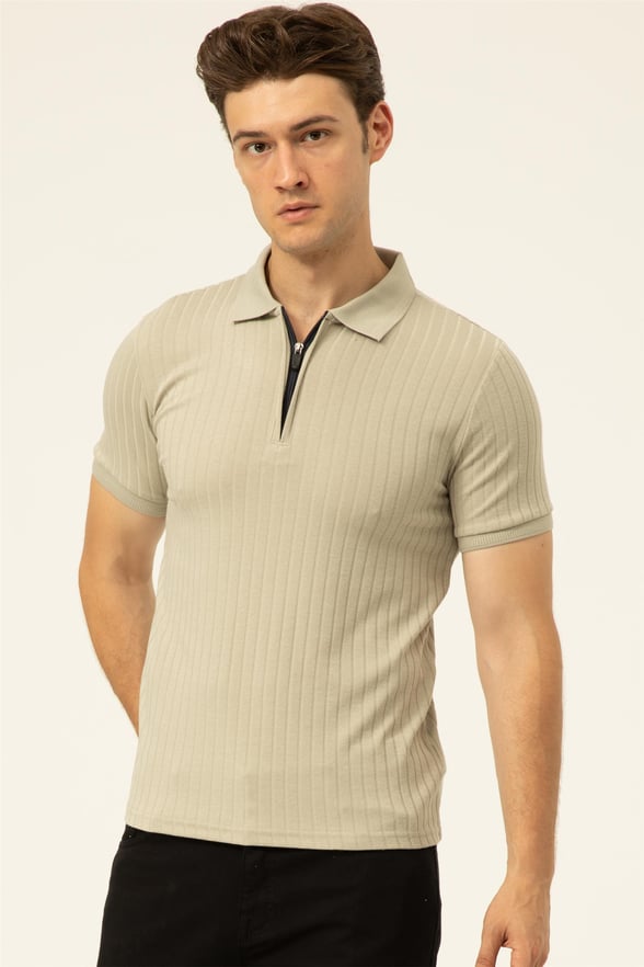 Ekru Slim Fitilli Polo Yaka  Tişört