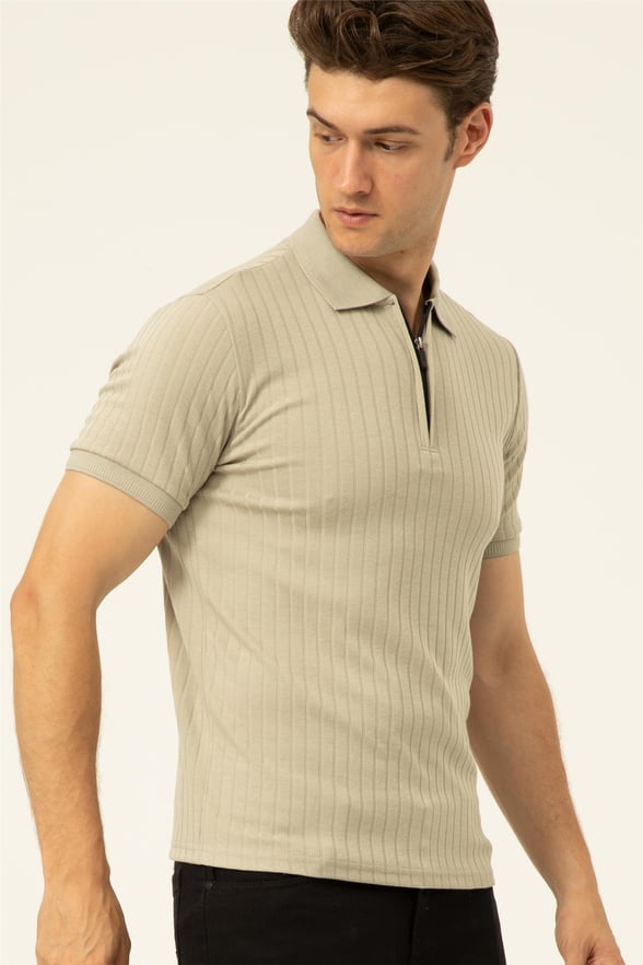 Ekru Slim Fitilli Polo Yaka  Tişört