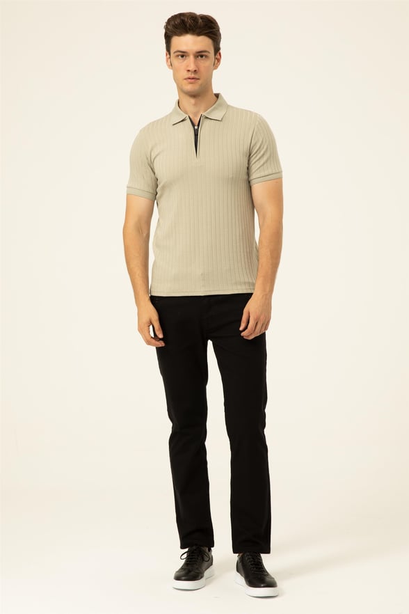 Ekru Slim Fitilli Polo Yaka  Tişört