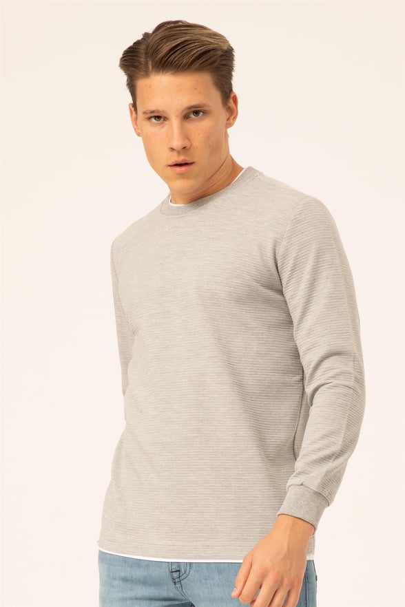 Gri Regular Armürlü O Yaka  Sweatshirt