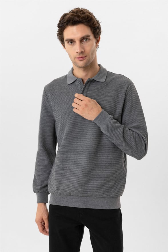 Gri Regular Armürlü Polo Yaka Sweatshirt