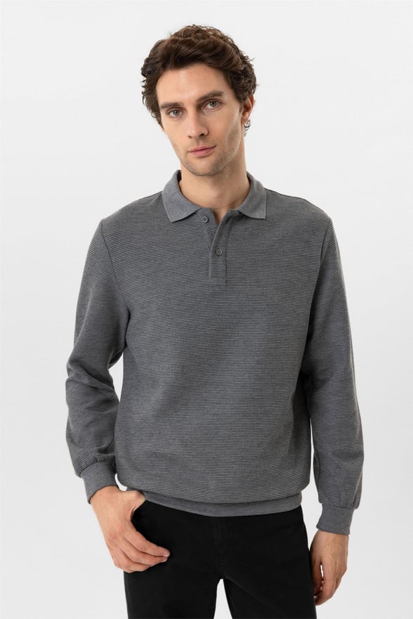 Gri Regular Armürlü Polo Yaka Sweatshirt