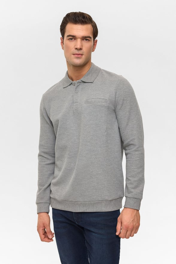 Gri Regular Armürlü Polo Yaka Sweatshirt