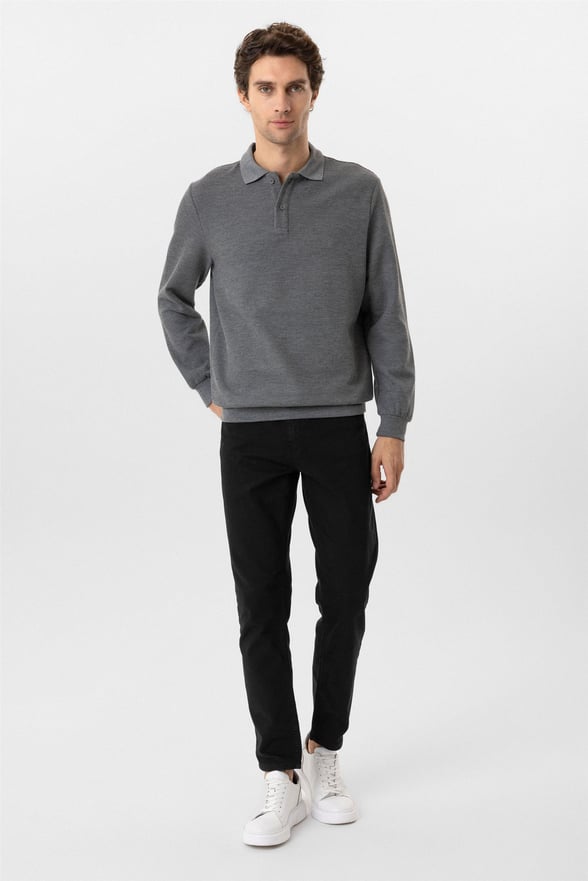 Gri Regular Armürlü Polo Yaka Sweatshirt