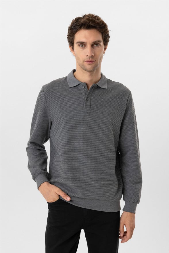 Gri Regular Armürlü Polo Yaka Sweatshirt