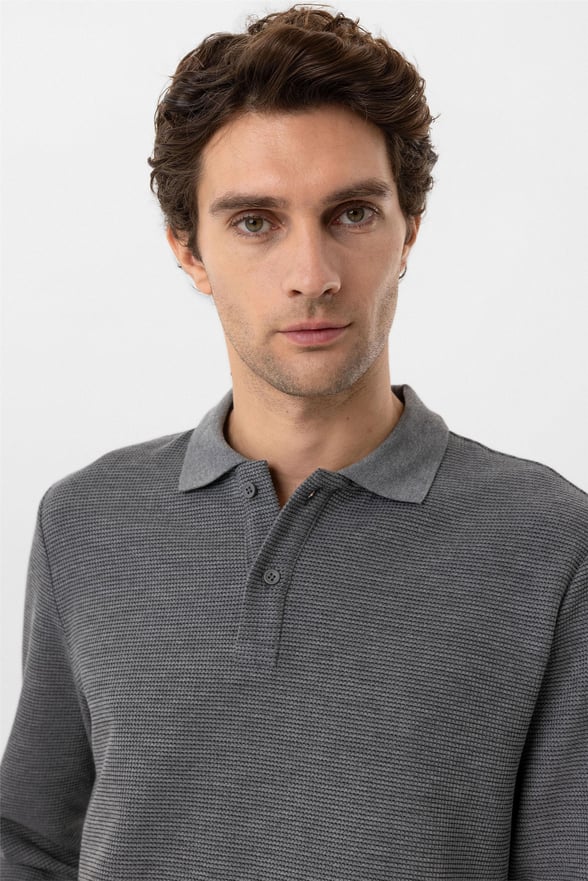 Gri Regular Armürlü Polo Yaka Sweatshirt