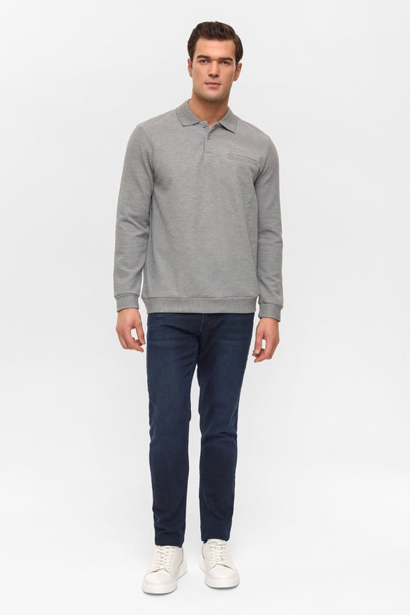 Gri Regular Armürlü Polo Yaka Sweatshirt