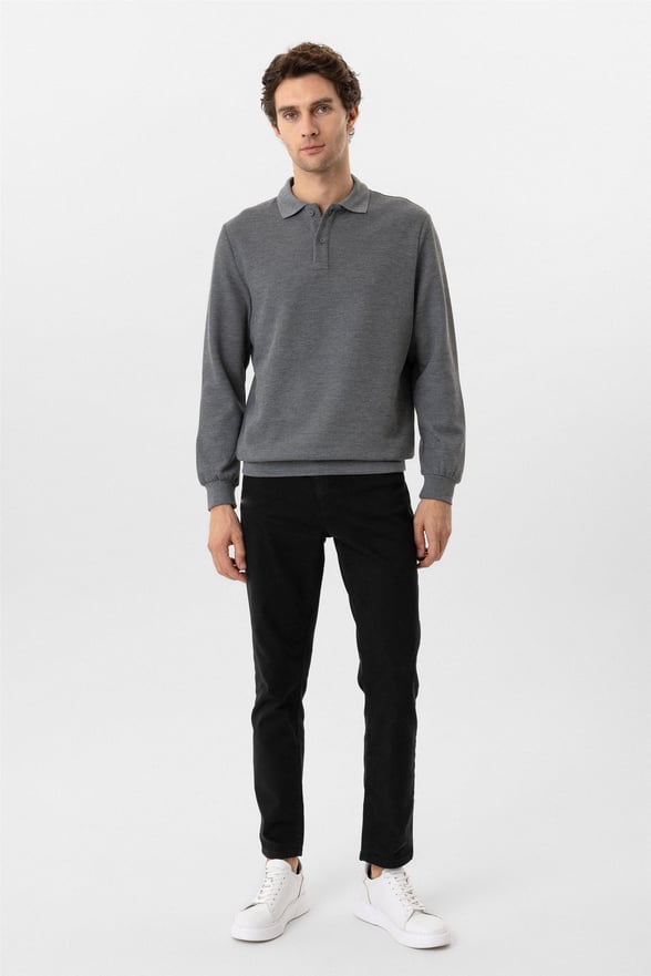 Gri Regular Armürlü Polo Yaka Sweatshirt