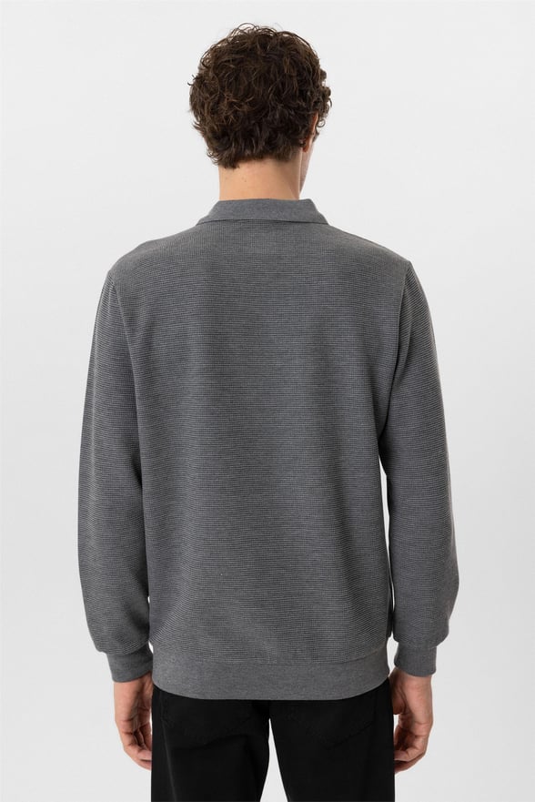 Gri Regular Armürlü Polo Yaka Sweatshirt