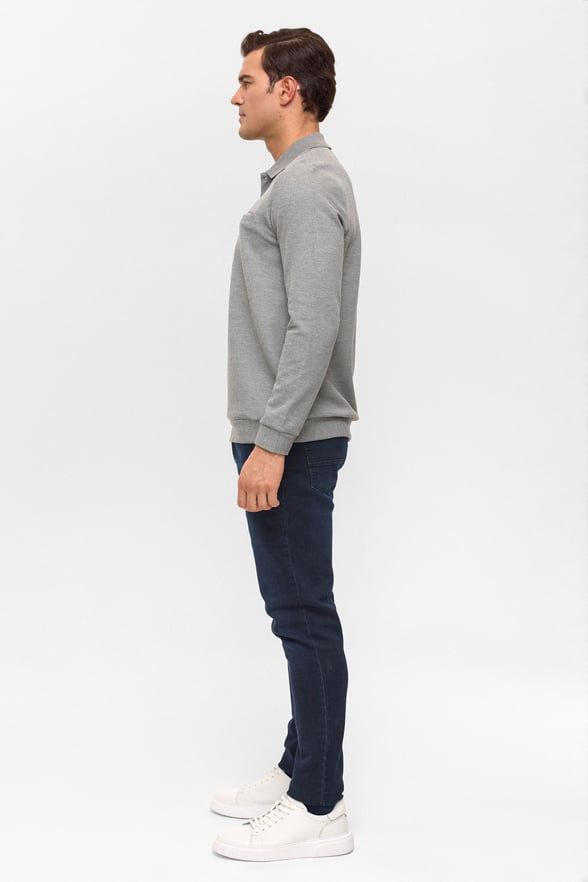 Gri Regular Armürlü Polo Yaka Sweatshirt