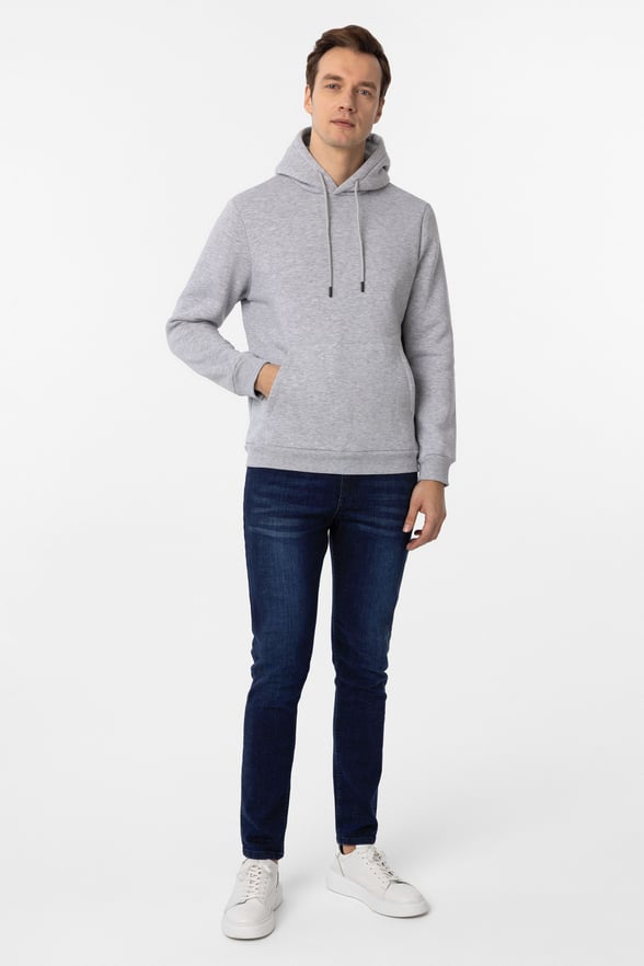 Gri Regular Düz Kapüşonlu Yaka Sweatshirt