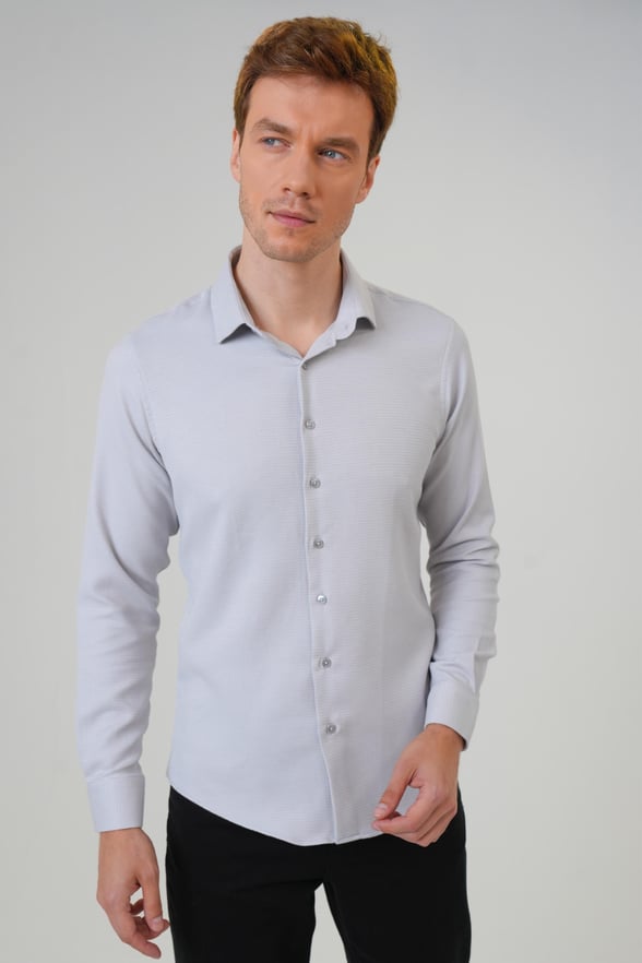Gri Regular Fit Baskılı Klasik Yaka Gömlek