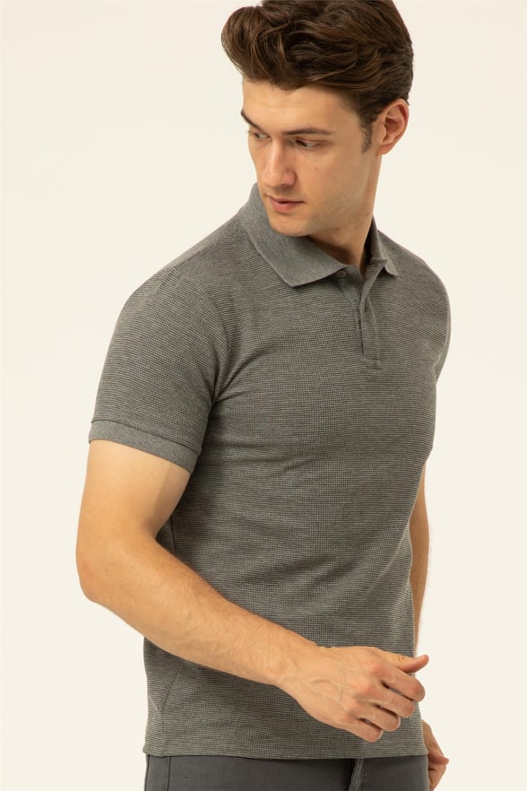 Gri Slim Armürlü Polo Yaka  Tişört