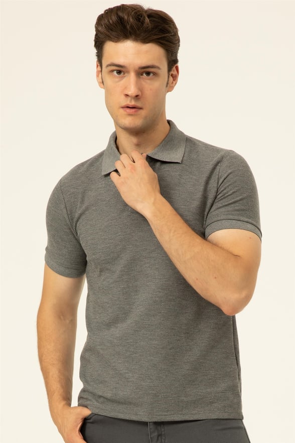Gri Slim Armürlü Polo Yaka  Tişört