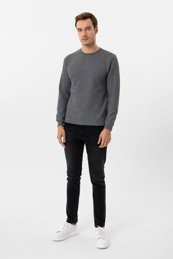 Gri Slim Fit Armürlü Bisiklet Yaka Sweatshirt