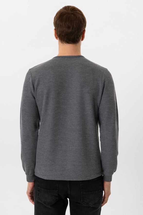 Gri Slim Fit Armürlü Bisiklet Yaka Sweatshirt