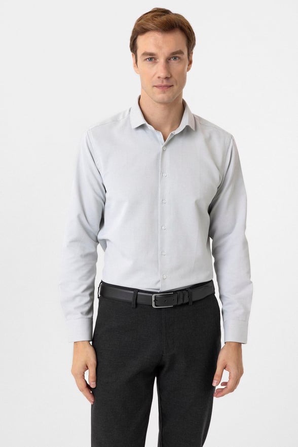 Gri Slim Fit Armürlü Klasik Yaka Gömlek