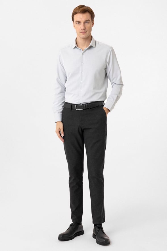 Gri Slim Fit Armürlü Klasik Yaka Gömlek