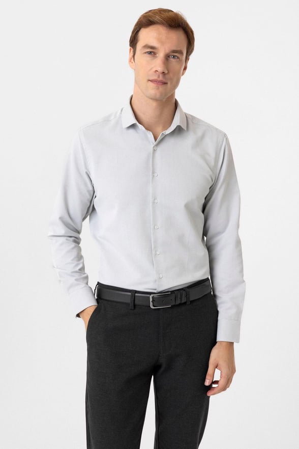 Gri Slim Fit Armürlü Klasik Yaka Gömlek
