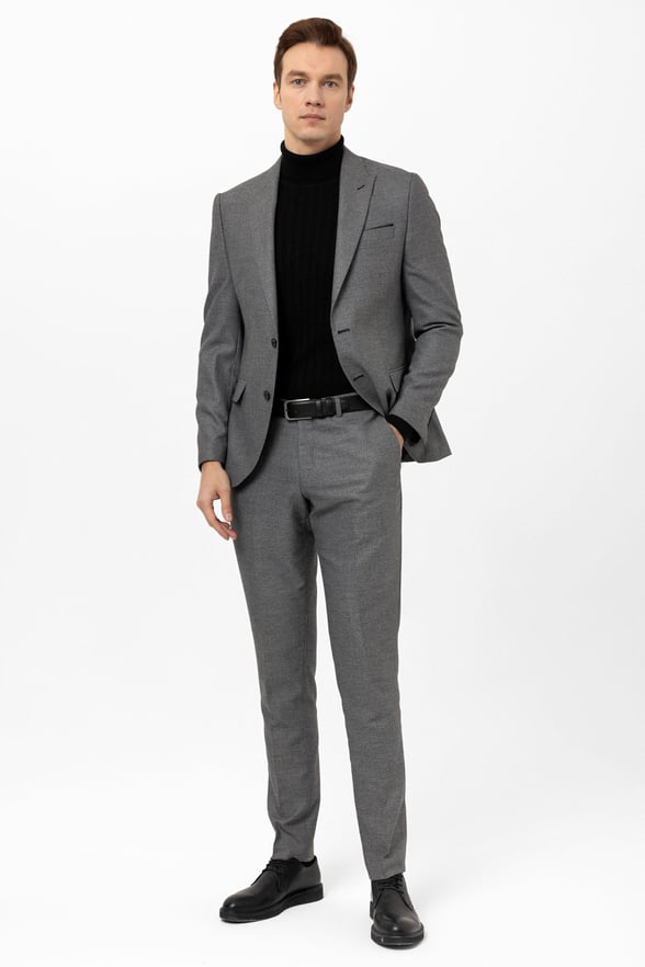 Gri Slim Fit Armürlü Sivri Yaka 6 Drop Klasik Takım Elbise