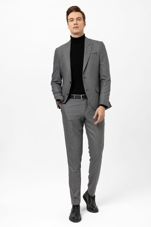 Gri Slim Fit Armürlü Sivri Yaka 6 Drop Klasik Takım Elbise
