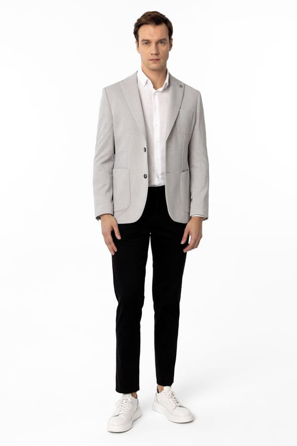 Gri Slim Fit Armürlü Sivri Yaka 6 Drop Ceket