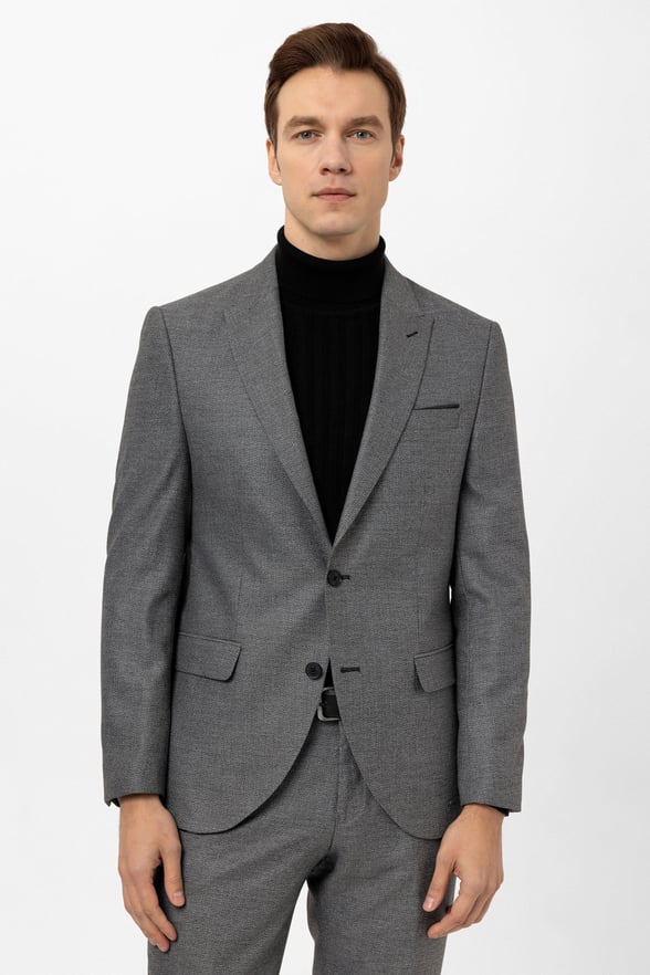 Gri Slim Fit Armürlü Sivri Yaka 6 Drop Klasik Takım Elbise