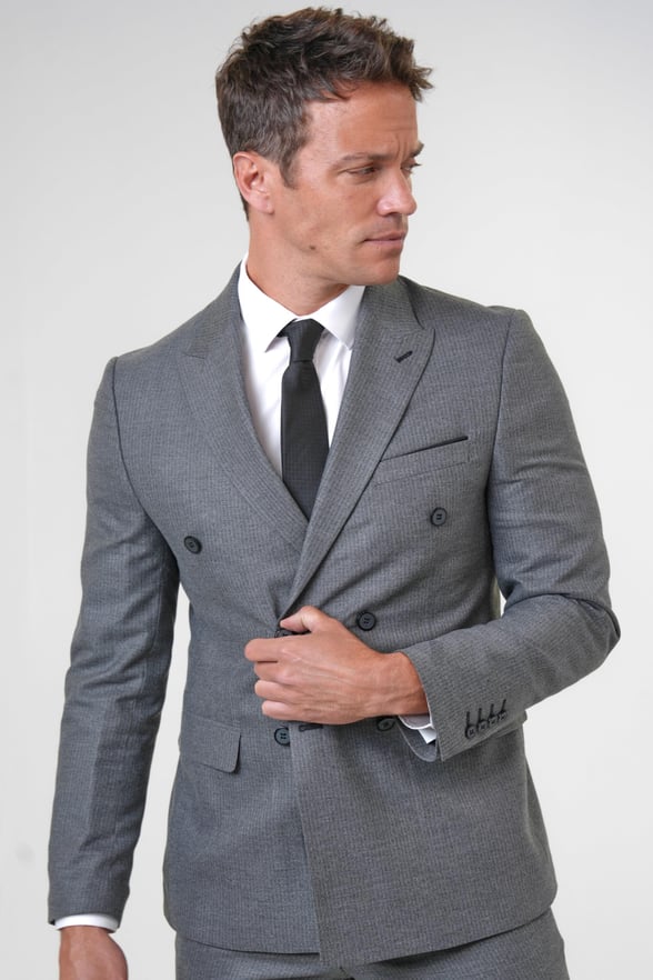 Gri Slim Fit Armürlü Sivri Yaka 6 Drop Klasik Takım Elbise