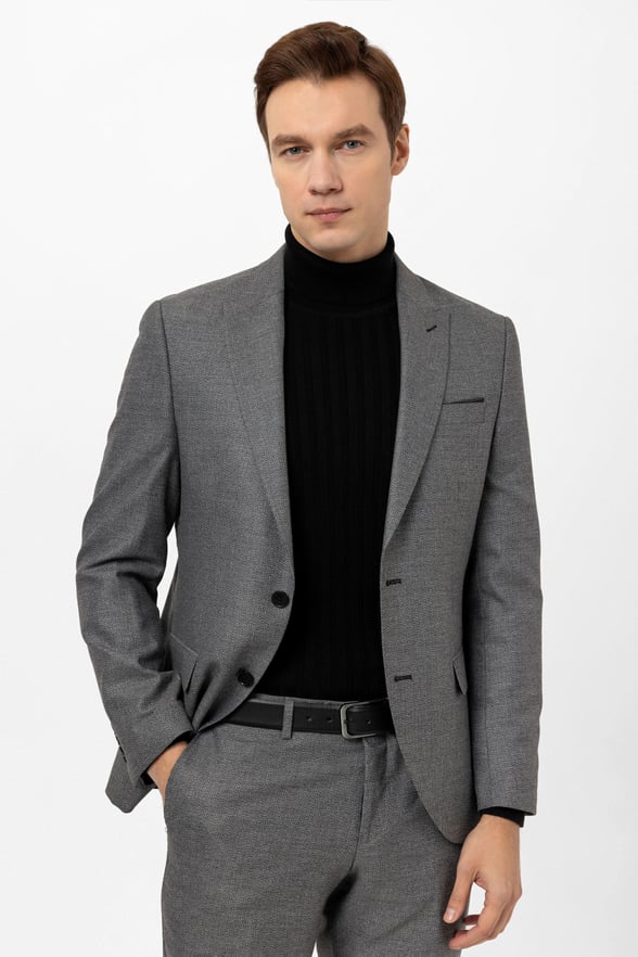 Gri Slim Fit Armürlü Sivri Yaka 6 Drop Klasik Takım Elbise