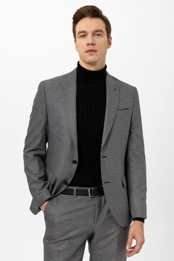 Gri Slim Fit Armürlü Sivri Yaka 6 Drop Klasik Takım Elbise