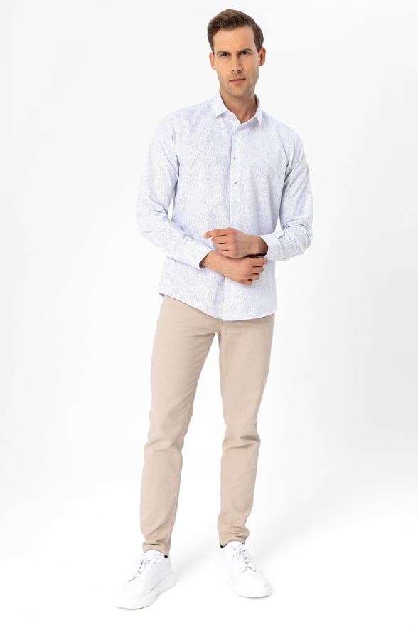 Gri Slim Fit Baskılı Klasik Yaka Gömlek