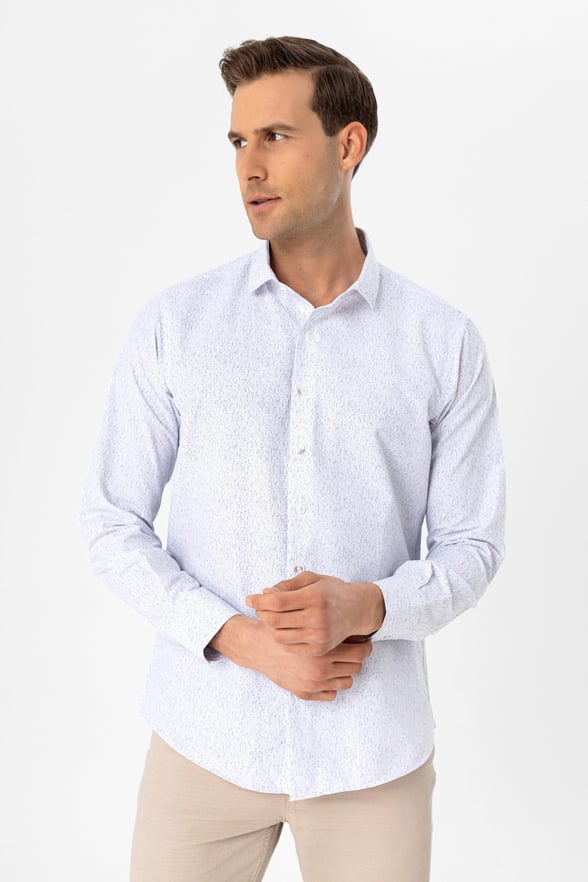 Gri Slim Fit Baskılı Klasik Yaka Gömlek