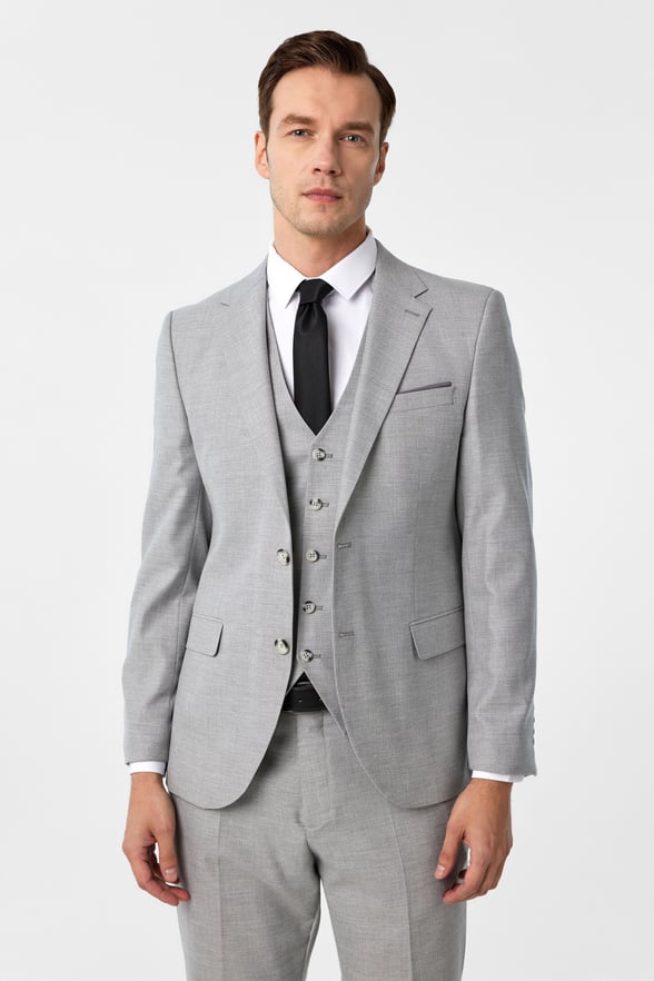 Gri Slim Fit Desenli Mono Yaka 6 Drop Yelekli Klasik Takım Elbise