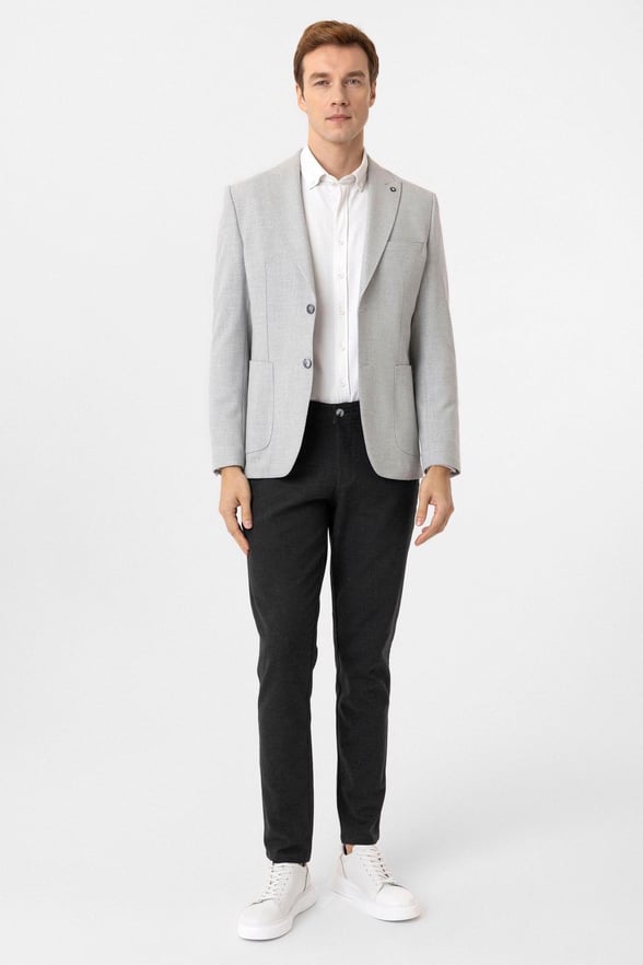 Gri Slim Fit Sivri Yaka 6 Drop Ceket