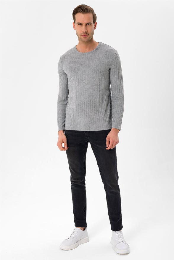 Gri Slim Fitilli O Yaka  Sweatshirt