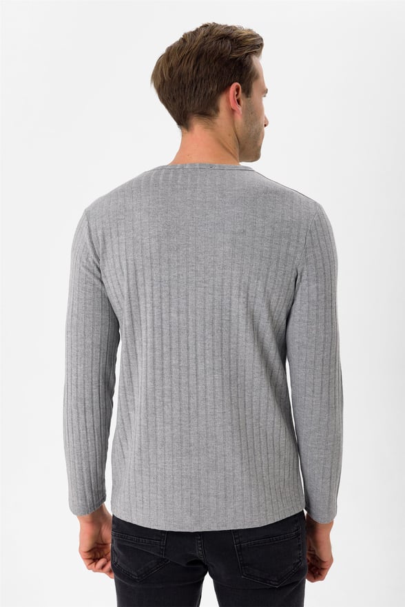 Gri Slim Fitilli O Yaka  Sweatshirt