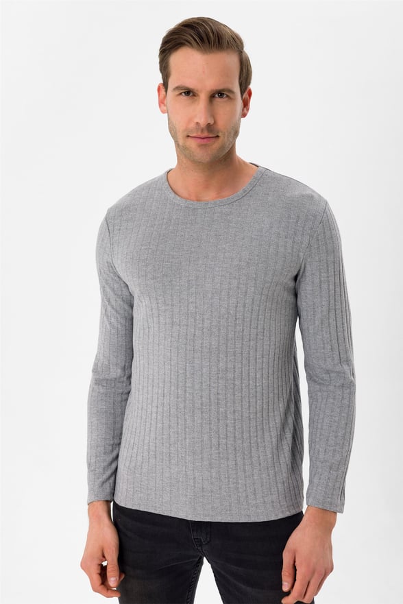 Gri Slim Fitilli O Yaka  Sweatshirt