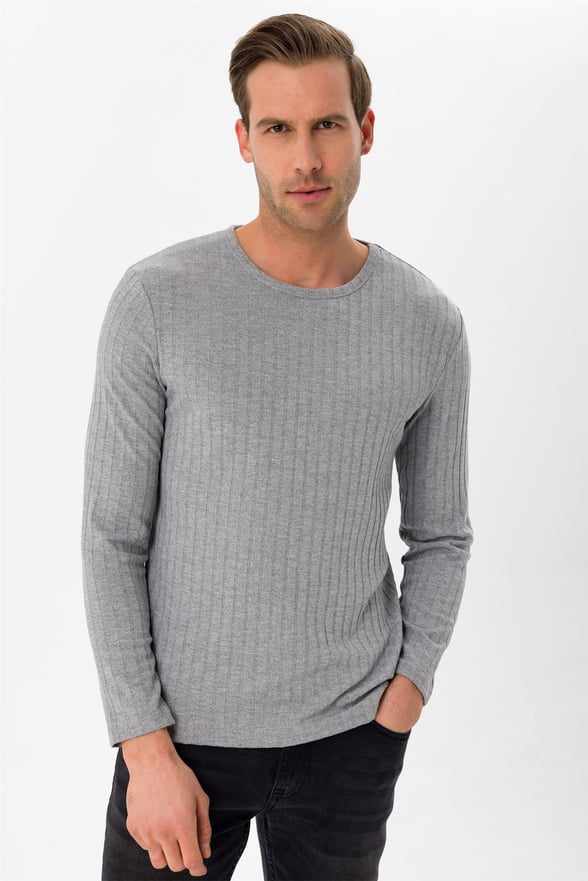 Gri Slim Fitilli O Yaka  Sweatshirt