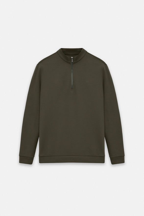 Haki Regular Düz Baskılı İnterlok Dik Yaka Cepsiz Sweatshirt