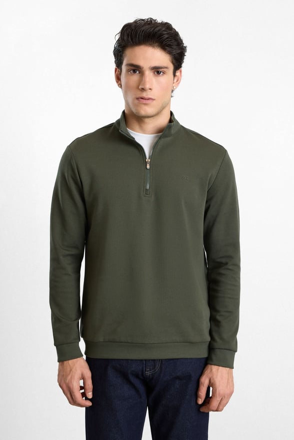 Haki Regular Düz Baskılı İnterlok Dik Yaka Cepsiz Sweatshirt