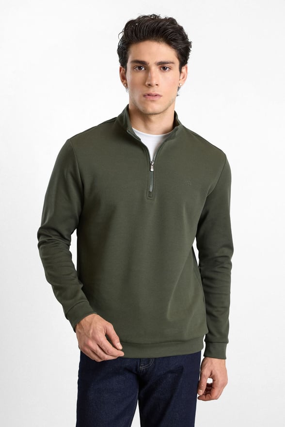 Haki Regular Düz Baskılı İnterlok Dik Yaka Cepsiz Sweatshirt